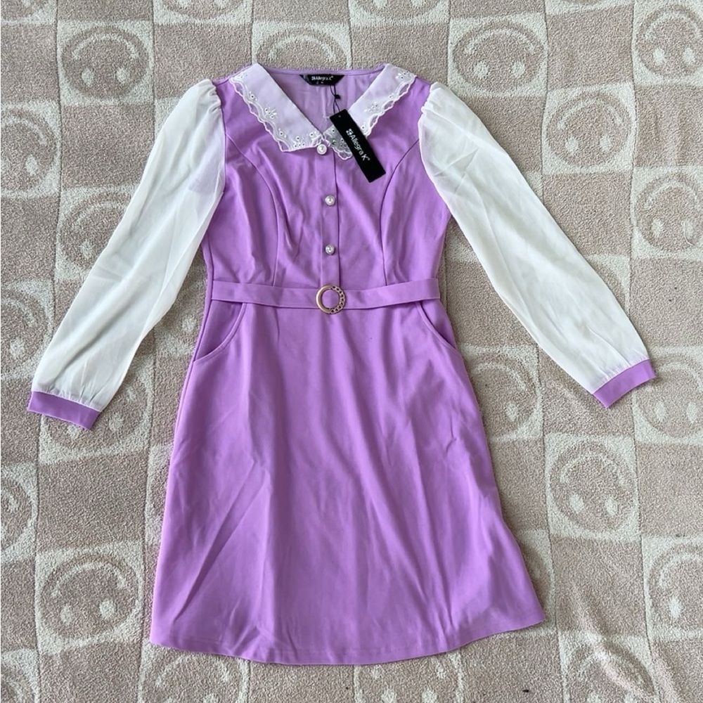 Allegra K Purple and White Long Sleeve Dress